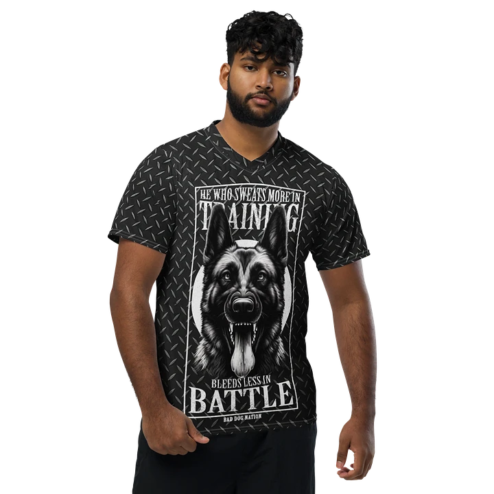He Who Sweats More in Training Bleeds Less in Battle - Recycled unisex sports jersey product image (1)