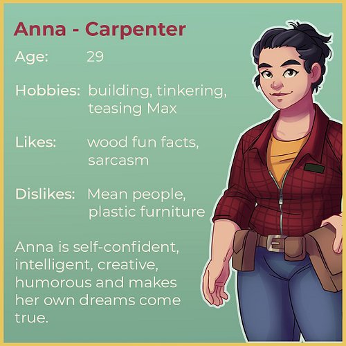 You could vote in our stories which character you wanna meet and second place goes to:

Anna, Cat Rescue Story‘s carpenter! ⚒...