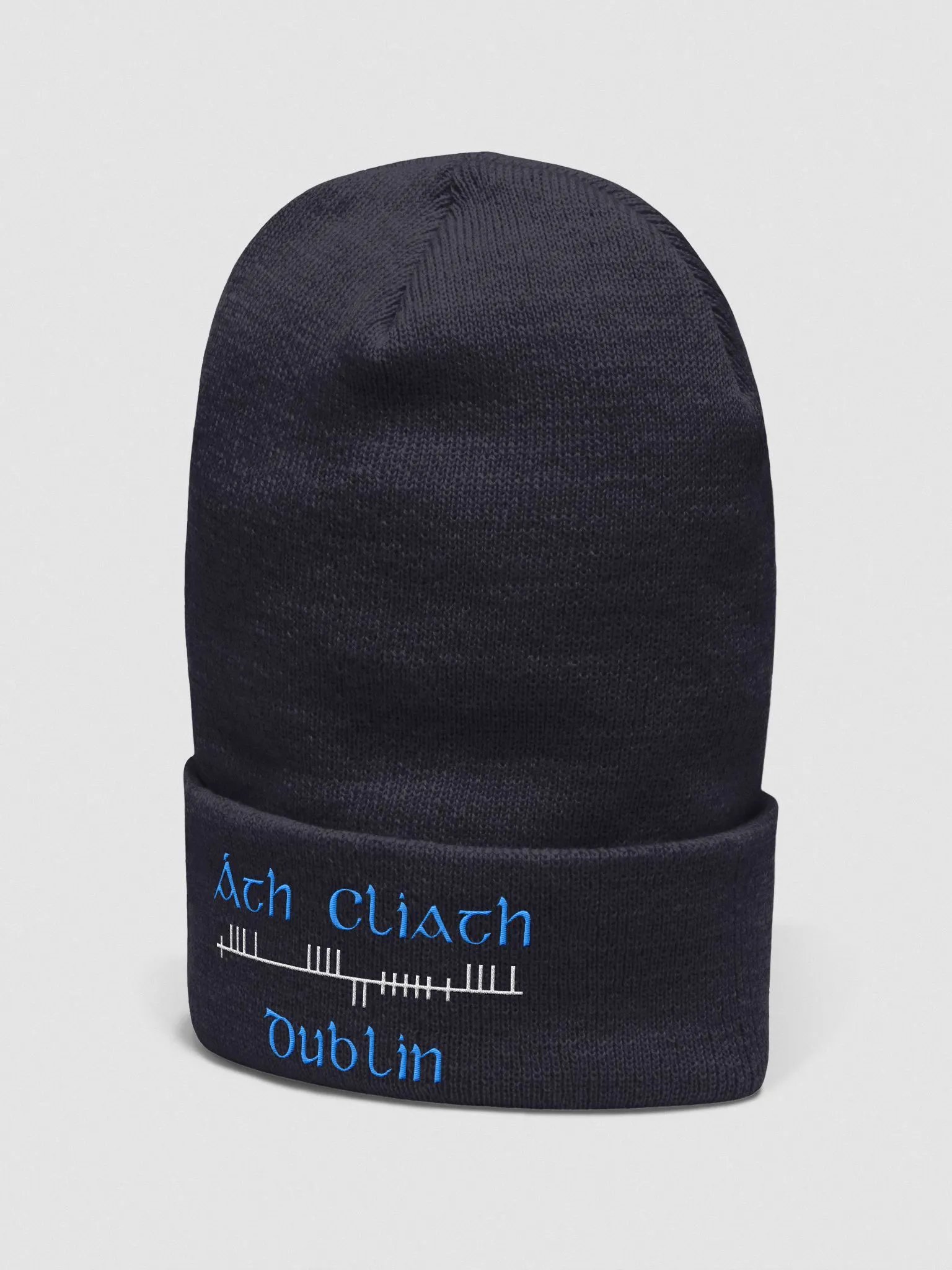 Dublin/Áth Cliath Orthodox style Ogham, Light Blue and white, embroidered Cuffed Beanie product image (3)