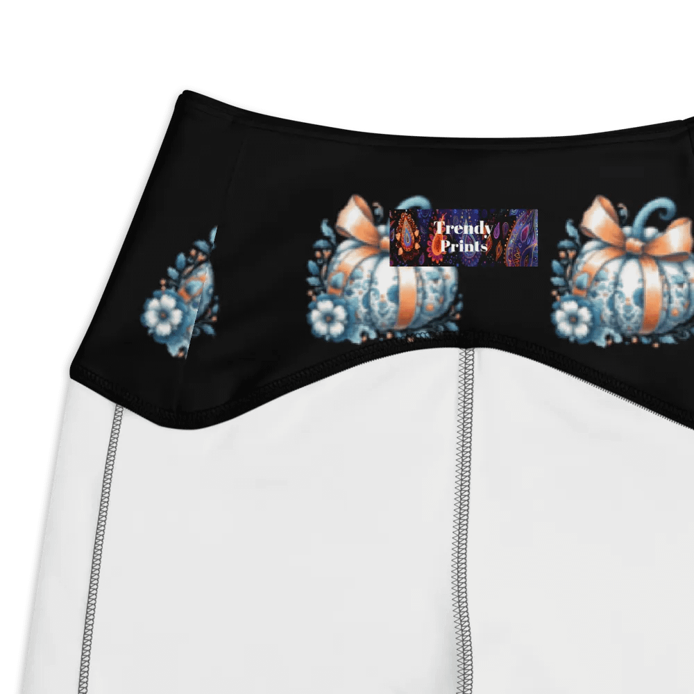 Charming Pattern of Stylishly Whimsical Dressed Blue And White Pumpkins With Orange Ribbon Chic Leggings product image (3)