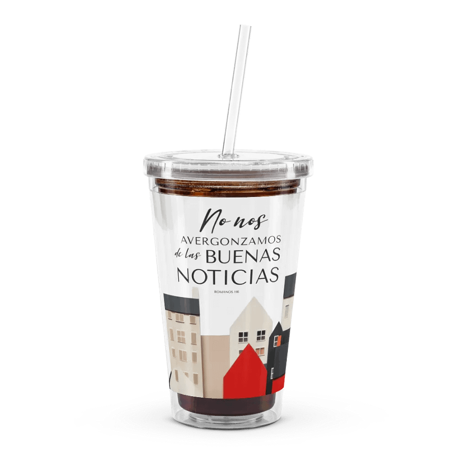 'No Nos Avergonzamos de las Buenas Noticias' Whimsical Town Spanish Tumbler product image (4)