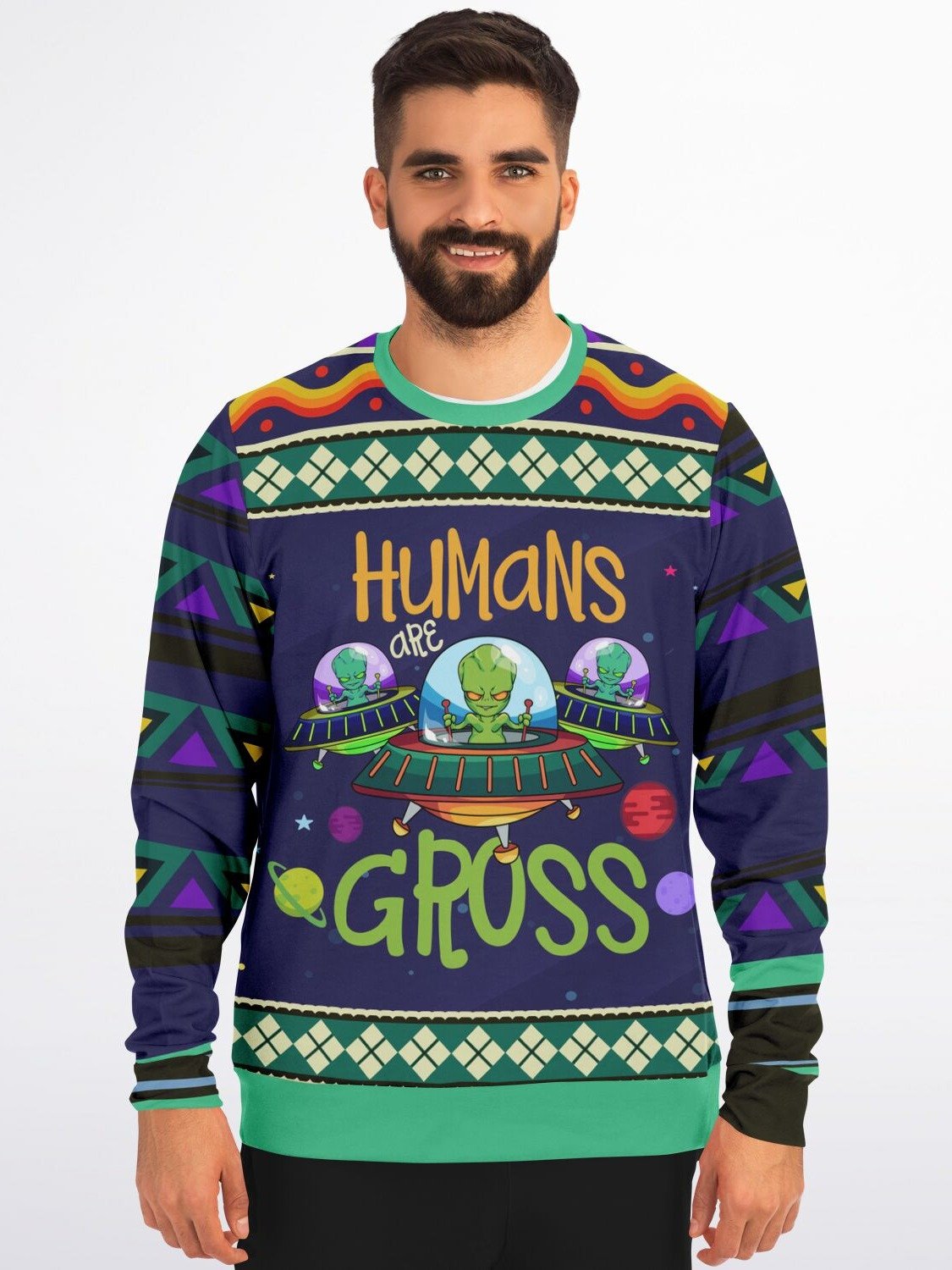 "Humans Are Gross" Alien Christmas Sweatshirt | Quirky Space-Themed Ugly Xmas Sweater | Offbeat Holiday Outfit product image (3)