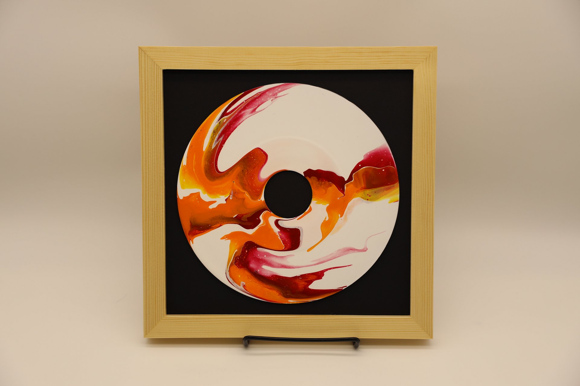 Framed Acrylic Pour Painting on 45 Vinyl Record - Maroon and Orange product image (1)