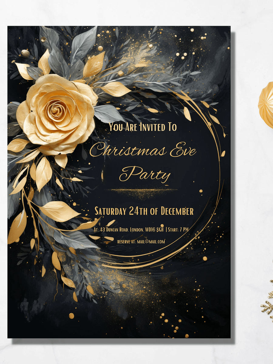 3D Gold Rose Christmas Eve Party Invitation | Editable in Canva | Christmas Party Printable | Holiday Invitation Template | Link to Canva product image (7)