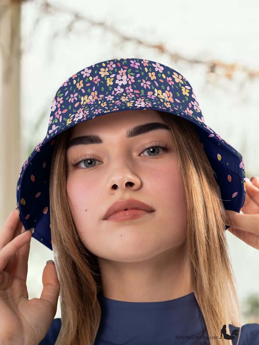 Spring Flowers on Navy Reversible Bucket Hat with Petal Confetti on Navy product image (4)