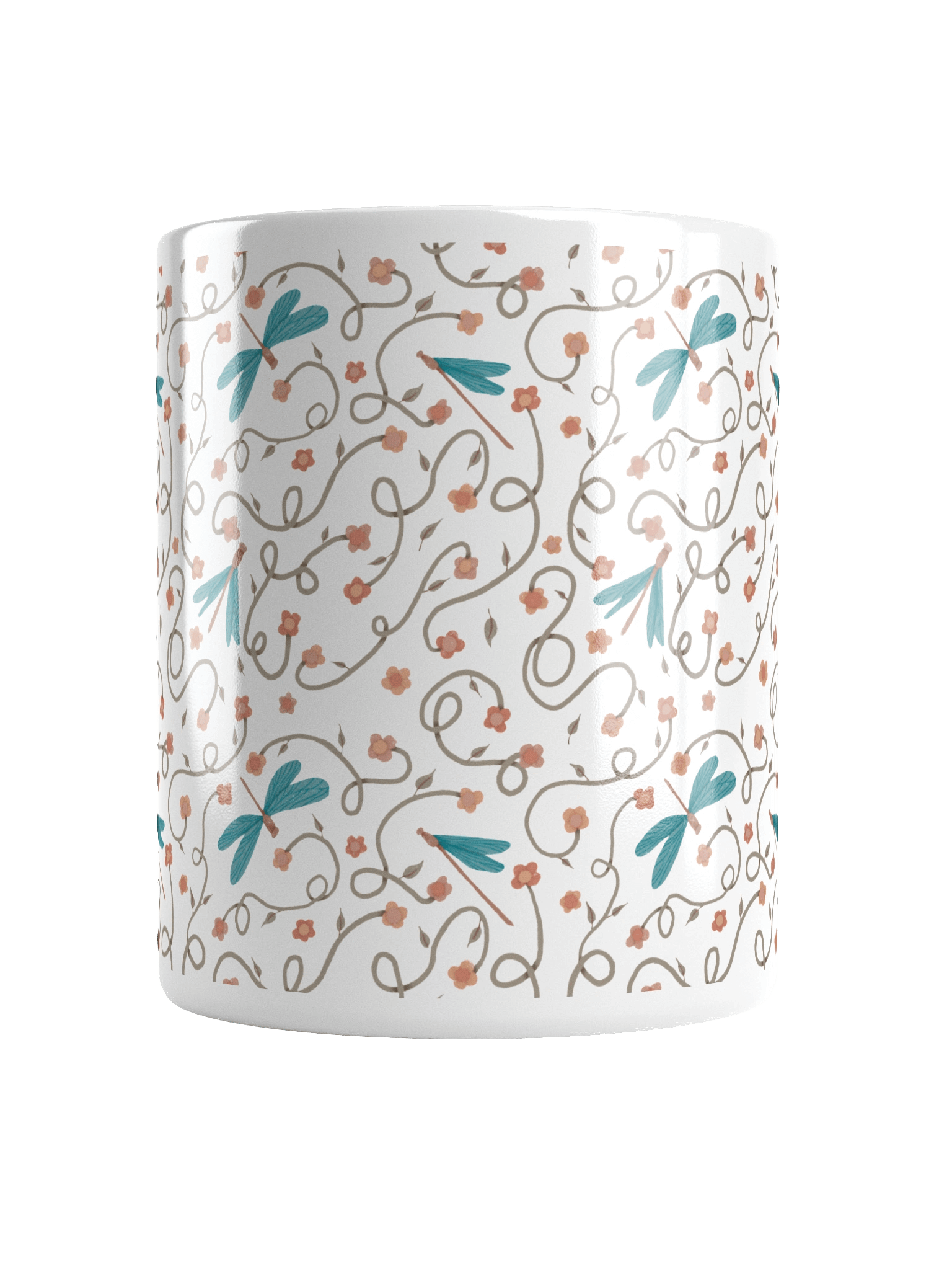 White glossy mug with dragonfly and floral pattern. Artistic nature inspired design product image (6)