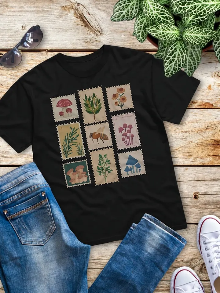 Vintage Stamps Graphic T-Shirt - Mushrooms, Botanicals & Bee Design - Nature-Inspired Tee product image (1)