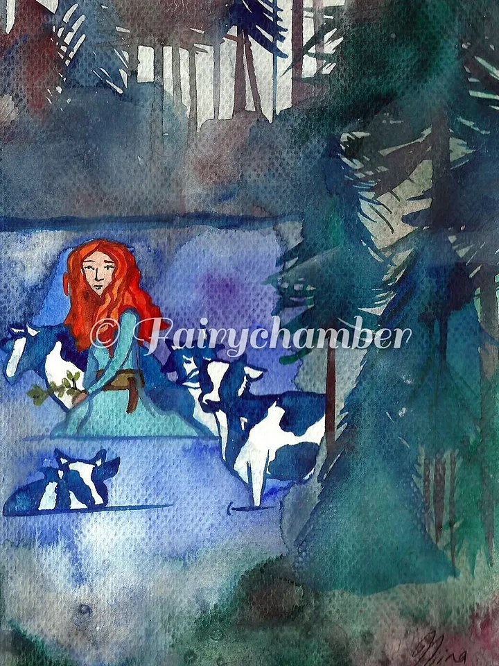Vellamo And The Magic Cows Original Watercolor Painting product image (1)