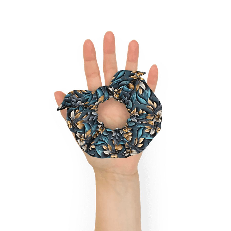 Hair Scrunchie - Sculpted Floral Pattern of Yellow-Brown Flowers on Textured Blue Background product image (6)