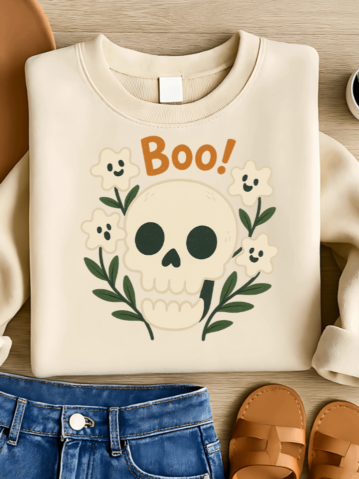 Ghostly Bloom Skull Sublimation PNG – “Boo!” Spooky Halloween T-Shirt Clipart – Creepy Cute Theme – 300 DPI Instant Digital Download product image (1)