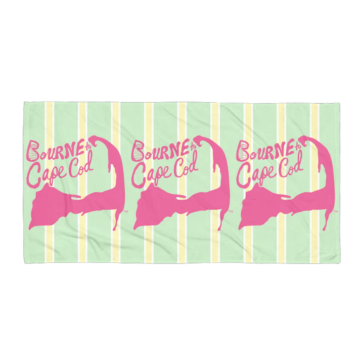 BOURNE to Cape Cod™ | Coastal Classic Beach Towel | All-Over Logo Print | Light Pink Logo on Pastel Preppy Stripes product image (1)