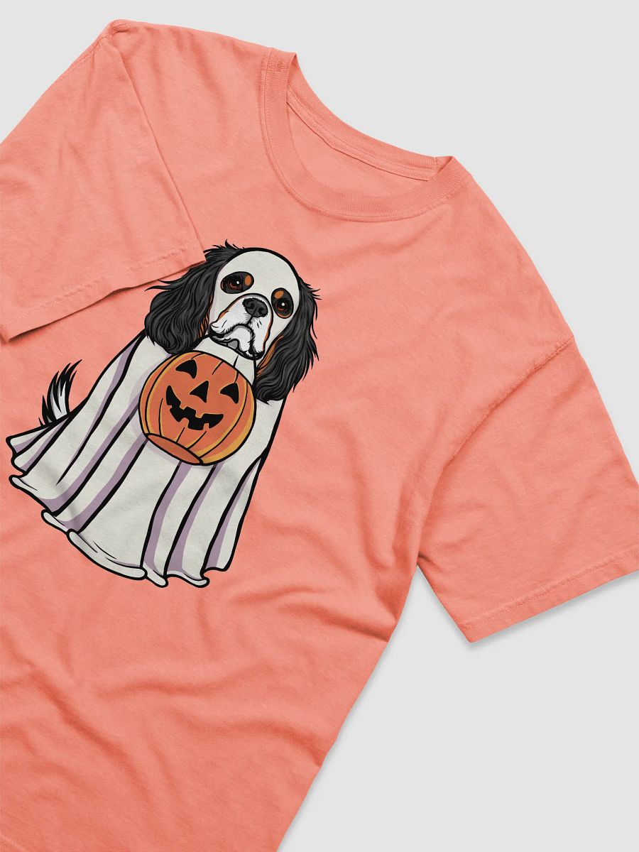 Funny Halloween Cavalier King Charles Spaniel(Tricolor) T-Shirt | Funny Cavalier Wearing a Ghost Costume and Holding a Pumpkin Basket product image (20)