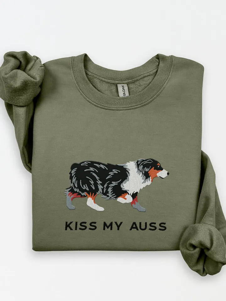 Kiss My Auss Sweatshirt (Embroidered) of an Australian Shepherd(Tricolor) product image (1)