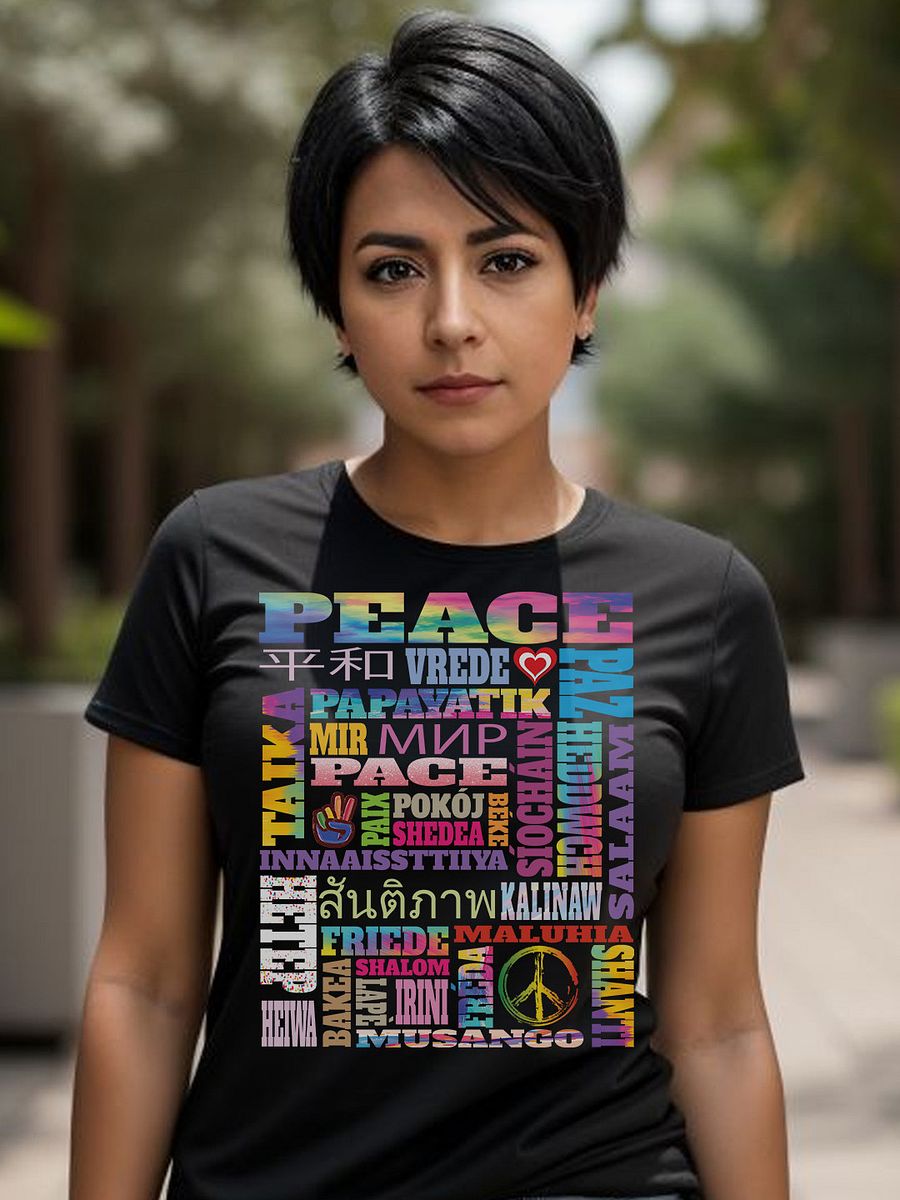 Cool Colorful Peace Gifts Worldwide Words for Peace Symbol T-Shirt product image (1)