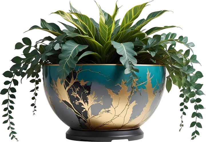 Kintsugi Bliss – Turquoise and Gold Planter with Foliage PNG product image (1)