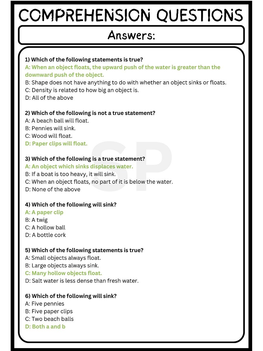 sinking and floating reading comprehension MULTIPLE-CHOICE QUIZ & ANSWER KEY product image (4)