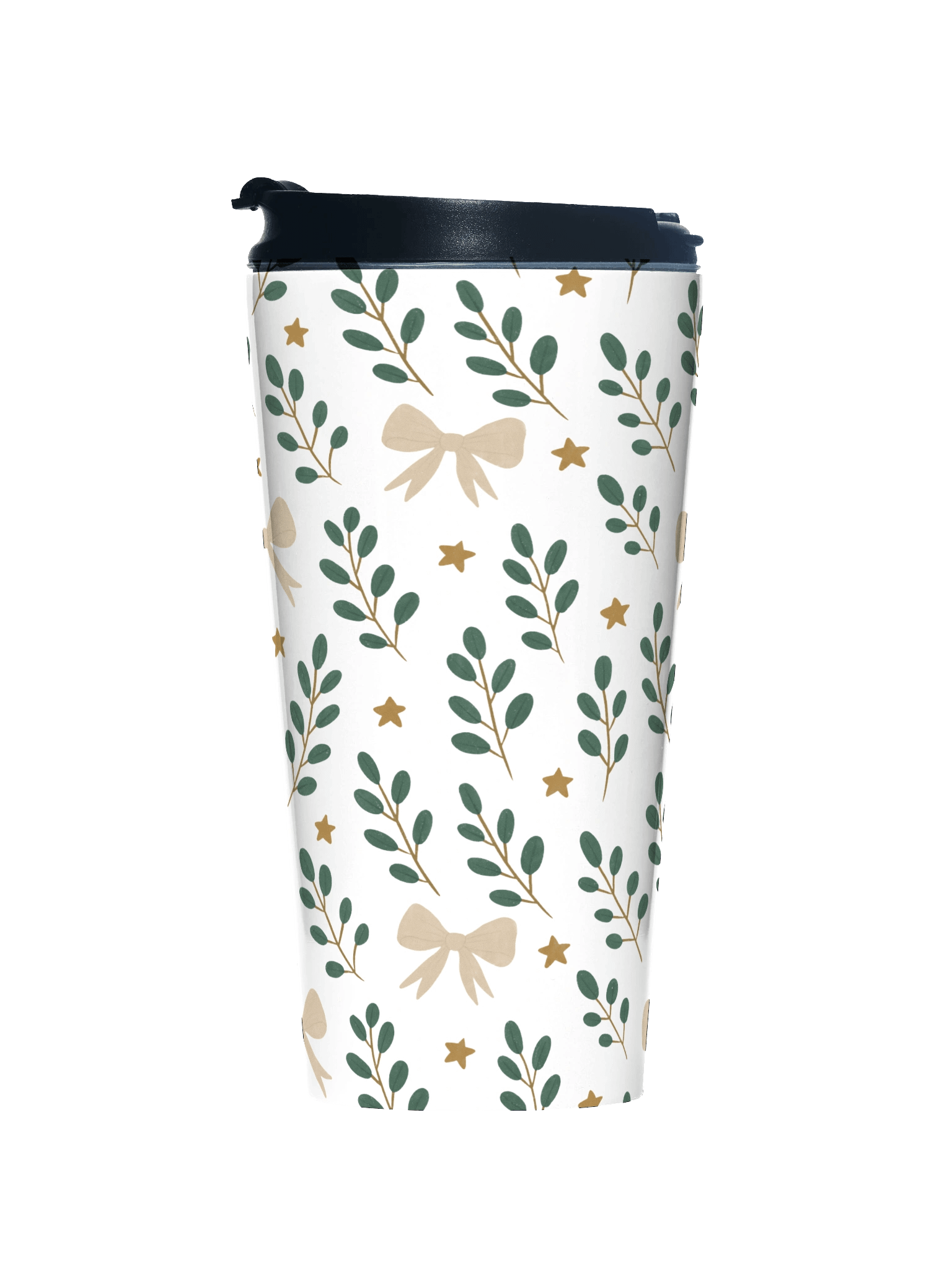 Stainless steel travel mug ribbons & stars botanical Christmas. Elegant holiday thermal mug product image (1)