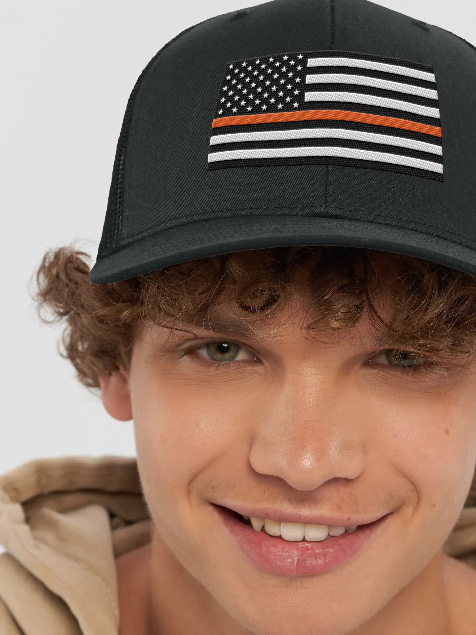 Orange Stripe American Flag Trucker Hat product image (8)