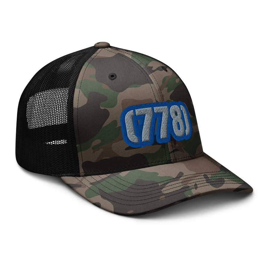Bold Blue Outlined 778 AREA CODE Camo Trucker Hat product image (6)
