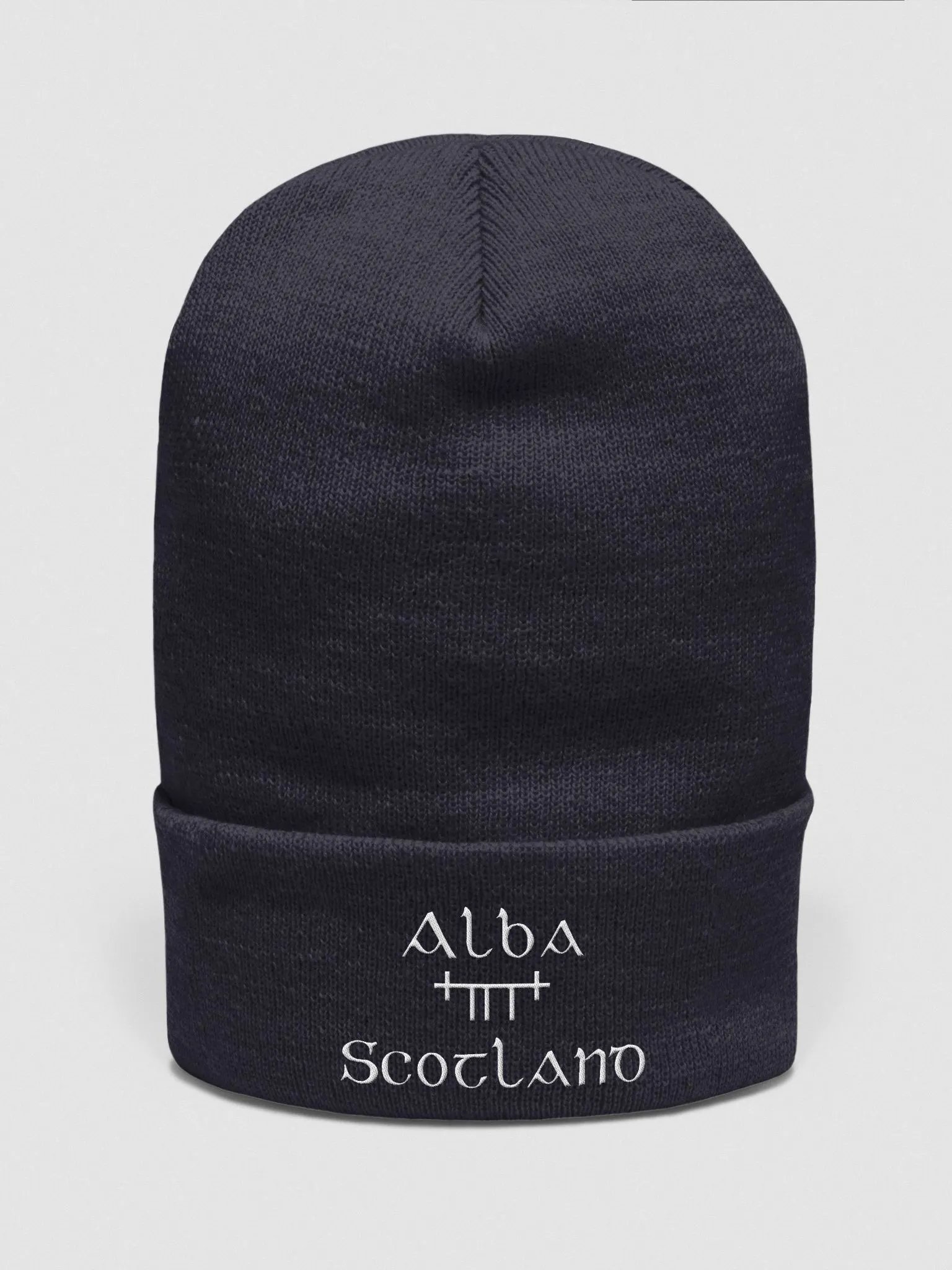 Scotland/Alba Orthodox style Ogham, Navy with white, embroidered Cuffed Beanie product image (1)