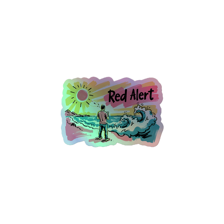 Red Alert Beach Art Print – Sunset Danger Warning Holographic Sticker product image (1)