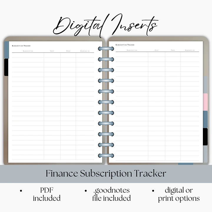 Subscription Tracker Financial Digital Planner Insert- Portrait Orientation product image (1)