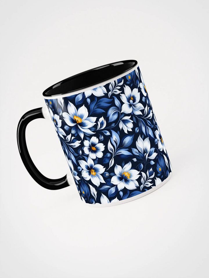 Coffee Mug with Color Inside - Floral Pattern in Blue and White on Dark Blue Background product image (2)