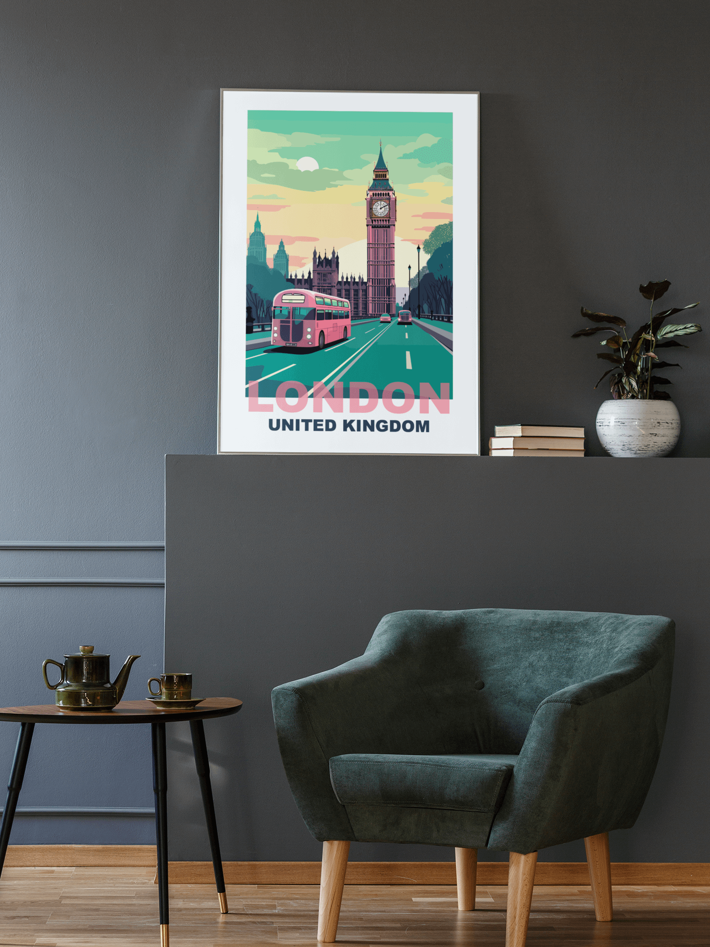 Classic London Cityscape Poster with Iconic Red Bus, Big Ben Sunrise Print, United Kingdom Urban Art, British Travel Wall Decor product image (2)