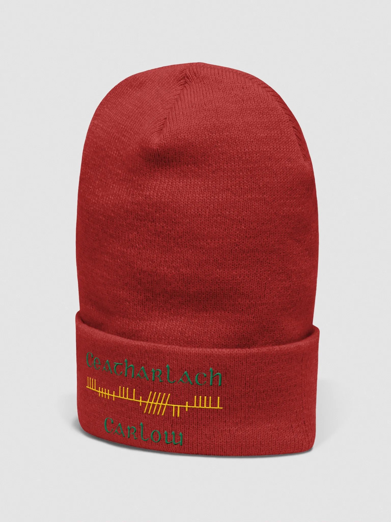 Carlow/Ceatharlach, Red with Green and Gold, Orthodox Style Ogham embroidered Cuffed Beanie product image (2)