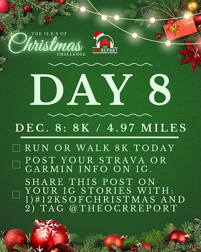 It’s Day 8 of the 12k’s of Christmas! 66% of the way home. You are awesome.

Today: Run or Walk 8k/4.97 miles. That’s almost ...