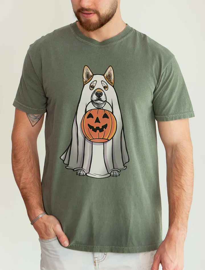 Funny Halloween Shiba Inu T-Shirt | Funny Dog Wearing a Ghost Costume and Holding a Pumpkin Basket product image (9)
