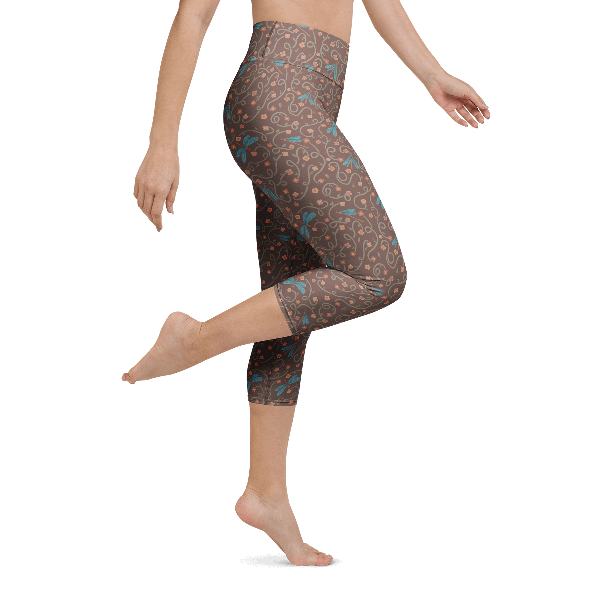 All-Over yoga capri leggings. Dragonfly and floral artistic activewear product image (1)