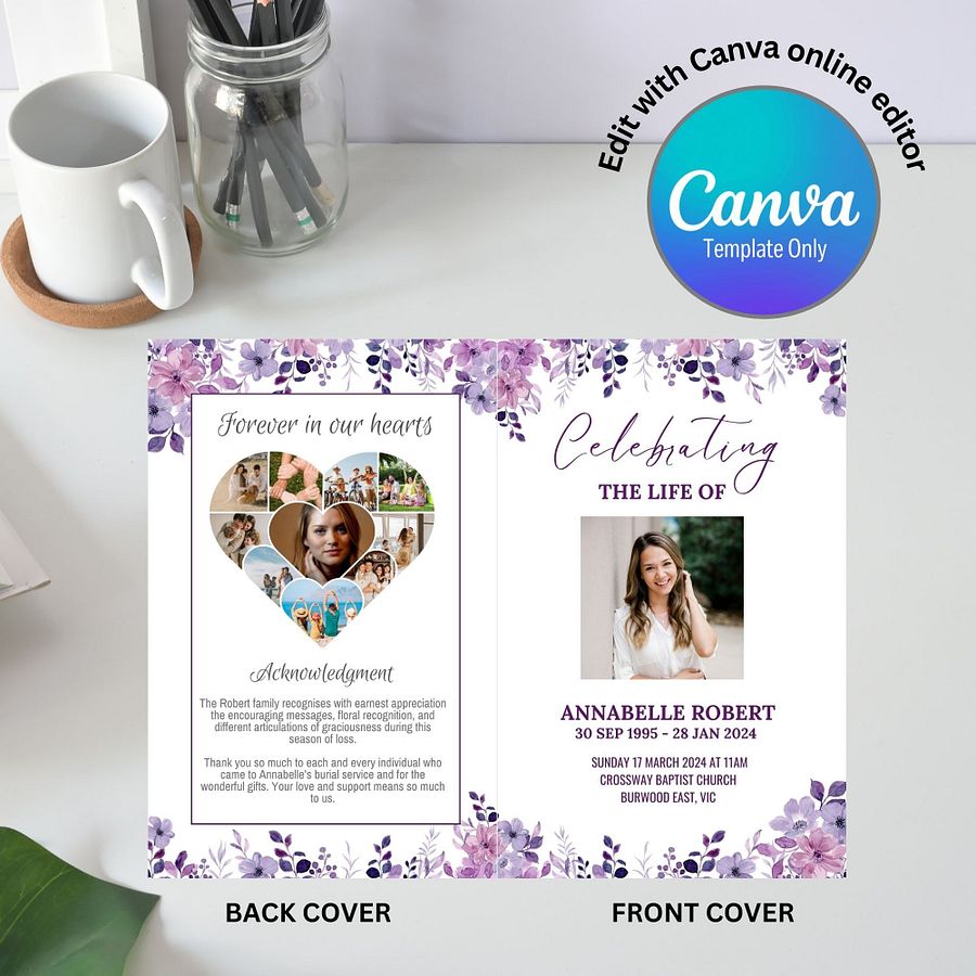 Purple Flowers Funeral Program Canva Template product image (4)