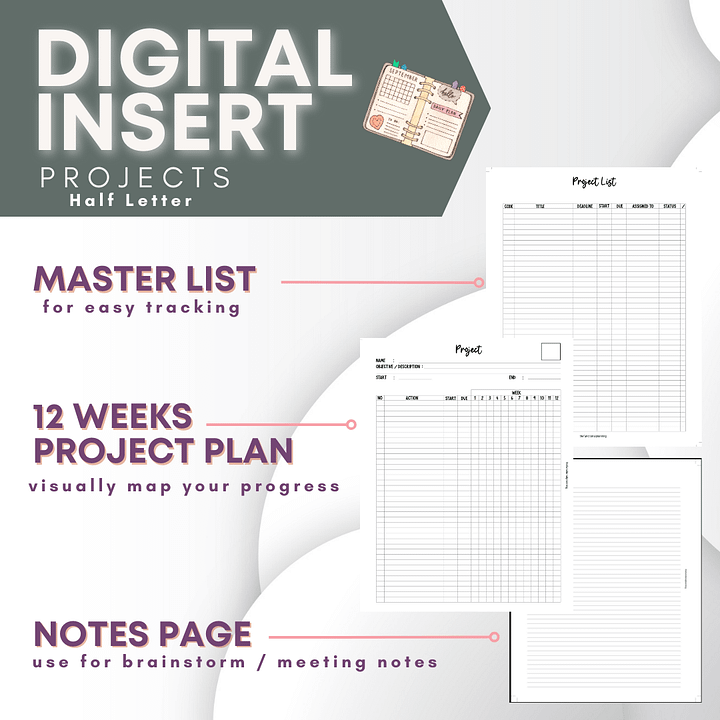 Project Management Planner Insert | Gantt-Style 12-Week Tracker | Half Letter Size product image (1)
