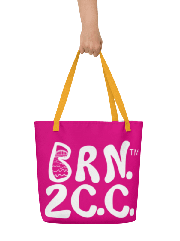 BRN.2C.C.™ | Large Tote Bag with Pocket | Coastal Classic | All-Over Logo Print | White Logo on Pink product image (1)