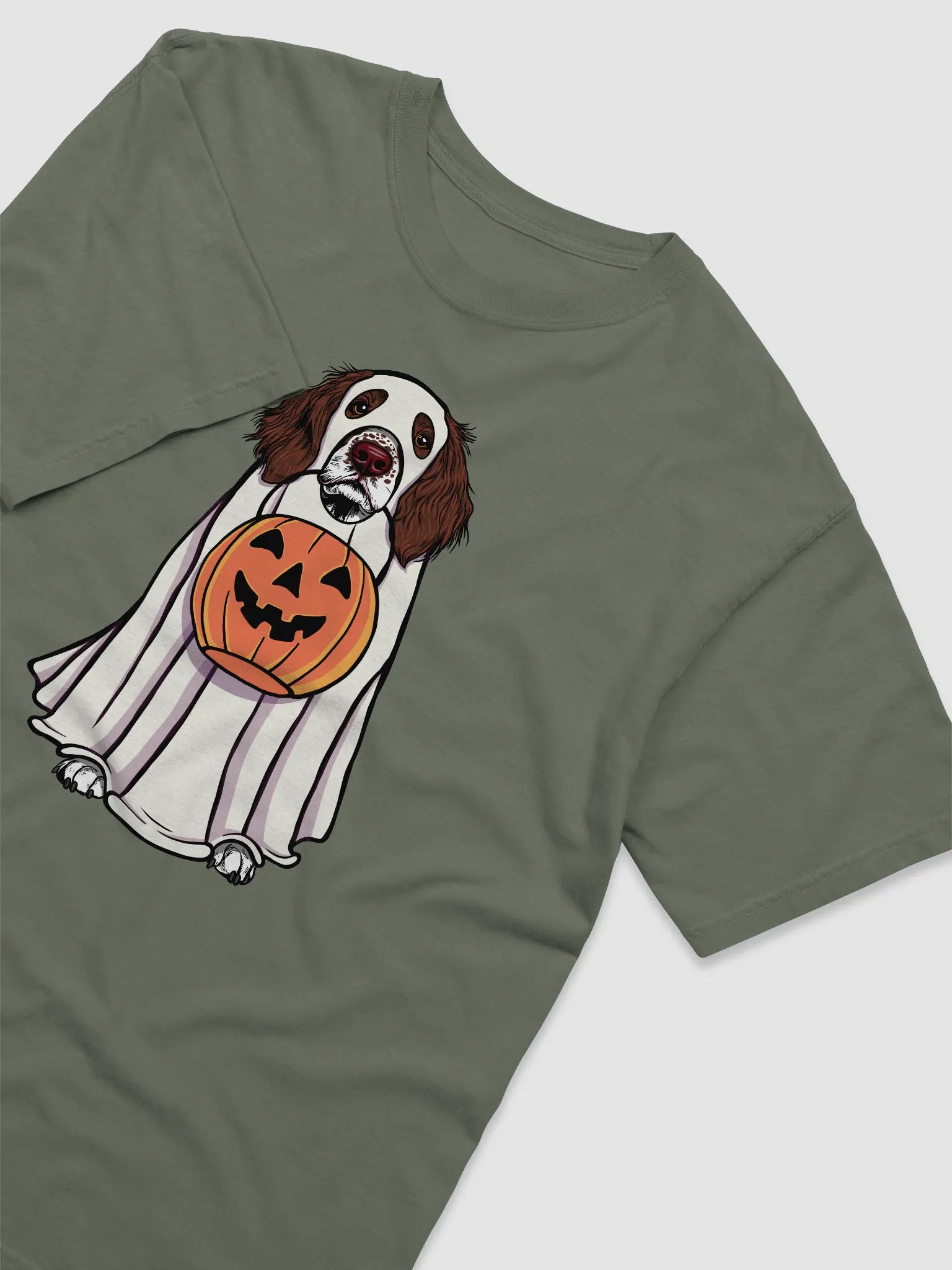 Funny Halloween Springer Spaniel T-Shirt | Funny Springer Spaniel Wearing a Ghost Costume and Holding a Pumpkin Basket product image (6)