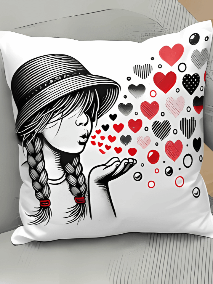 Adorable Little Girl Kisses Pillow Sublimation Design – Cute Valentine’s Day PNG – 300 DPI Digital Download for Pillow Covers product image (1)