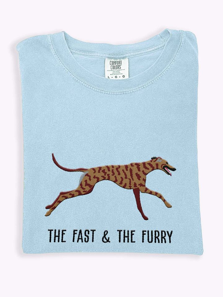 The Fast & The Furry T-Shirt(Embroidered) of a Greyhound(Brindle) product image (1)