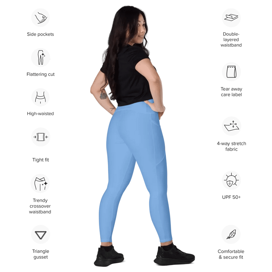 Plain Light Blue True Summer Women's High Waisted Premium Crossover Leggings with Pockets by Treasure Pie product image (12)