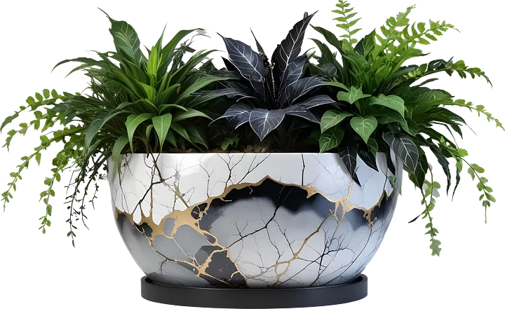 Kintsugi Harmony – White and Grey Ceramic Planter PNG product image (1)