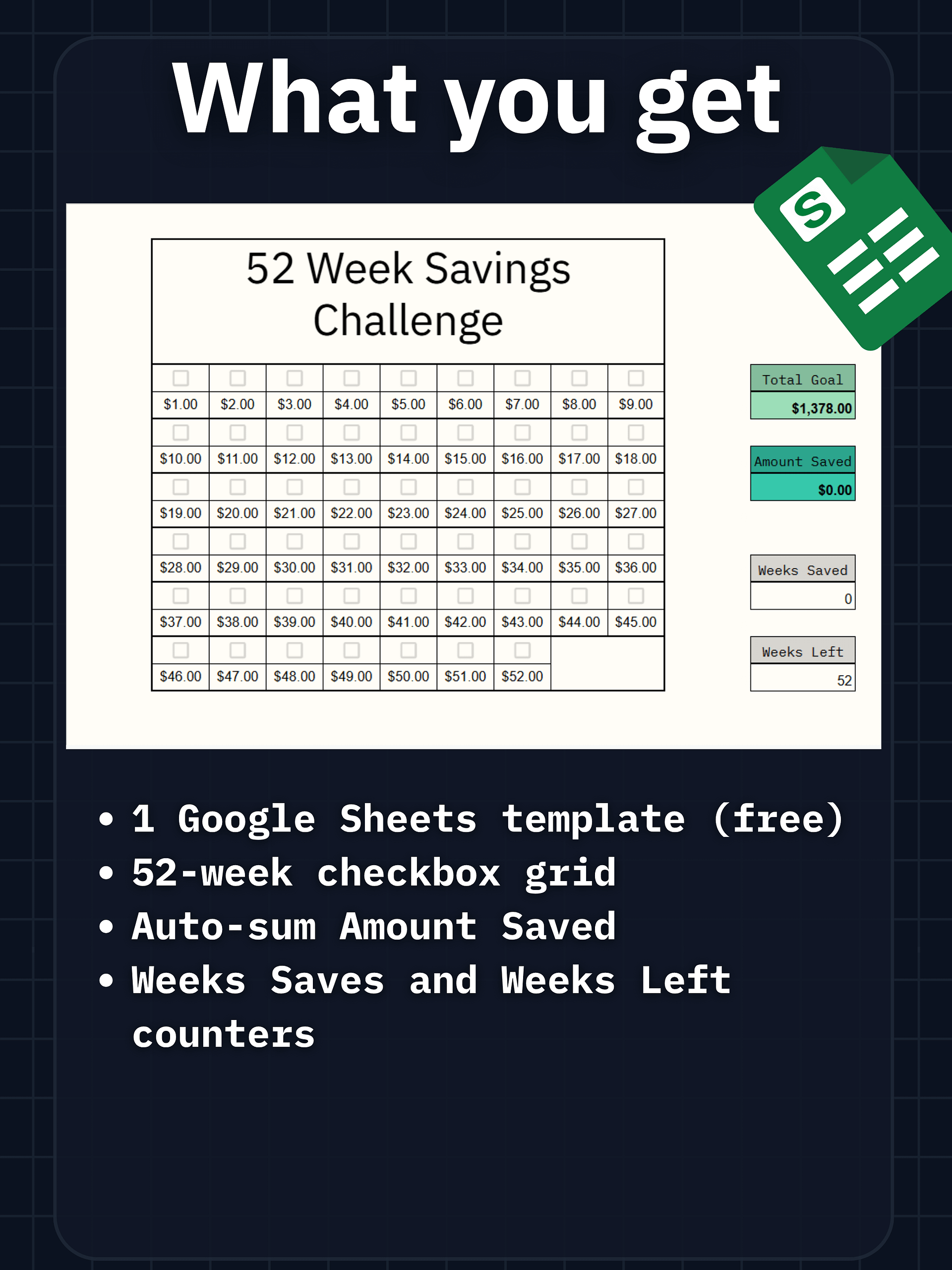 52-Week Savings Challenge FREE Checkbox Tracker product image (2)