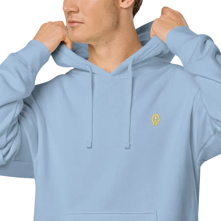 EXCLAIMING MENTALLY (sm. gold bubble design) embroidered pigment hoodie product image (1)