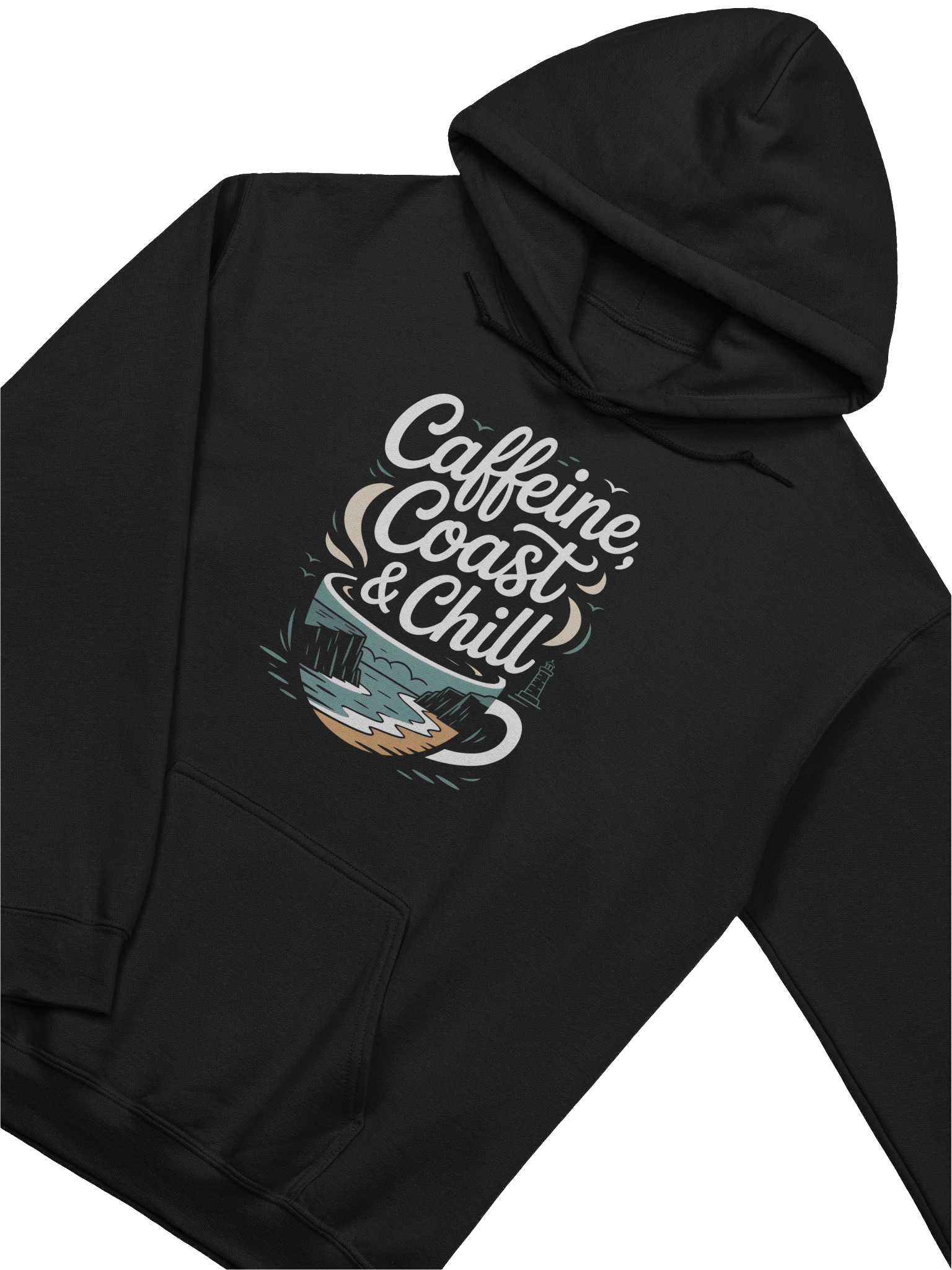 Caffeine, Coast & Chill Hoodie – Your Cozy Cornwall Escape product image (4)