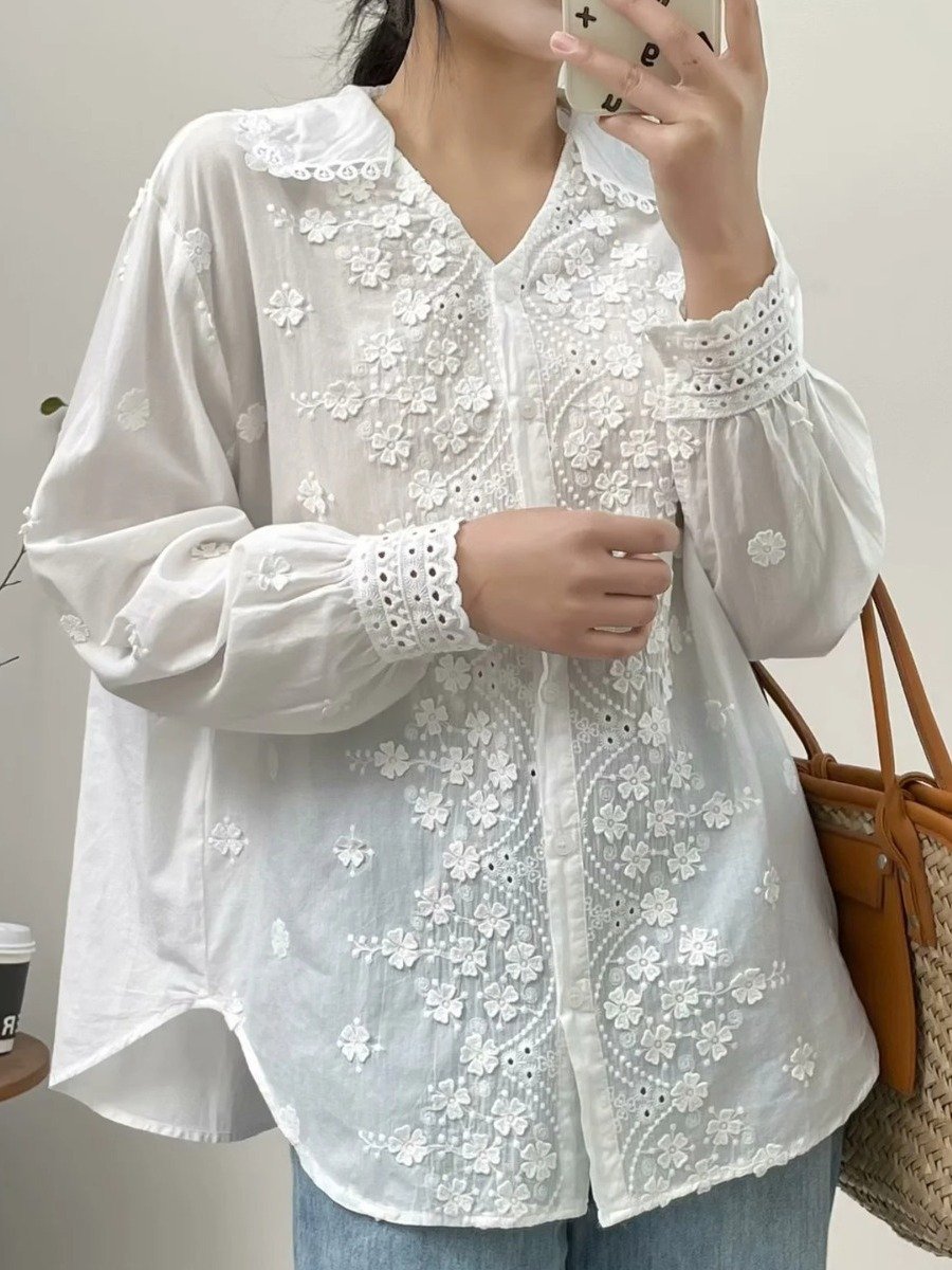 Three-dimensional Flower Embroidered Lapel Single-breasted Long Sleeve Shirt For Women product image (1)