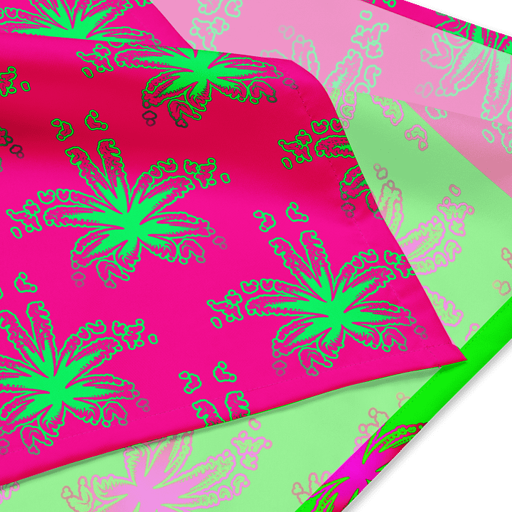 Neon Green Pink Cannabis Twisted Budz Bandana, 420 Art Summertime Stoner Style Fashion, Weird Weed Leaf Pattern All-Over Print Odd Accessory product image (3)