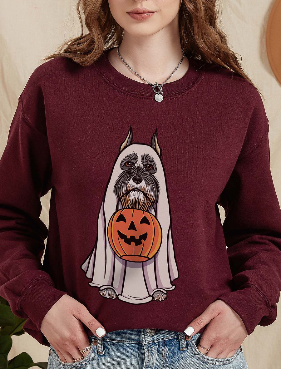 Funny Halloween Schnauzer(Cropped Ears) Sweatshirt | Funny Schnauzer Wearing a Ghost Costume and Holding a Pumpkin Basket product image (10)
