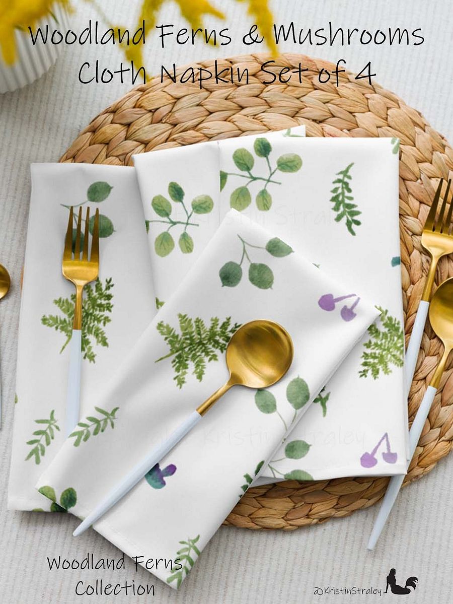 Woodland Ferns & Mushrooms on White Cloth Napkin Set of 4 product image (1)