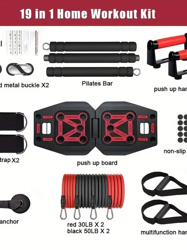 Home Gym Exercise Equipment - Portable Workout System 17 Fitness Accessories 9 In1 Push Up Board Set, Resistance Bands with Pilates Bar Strength Training Abs Shoulders Back Butt product image (5)