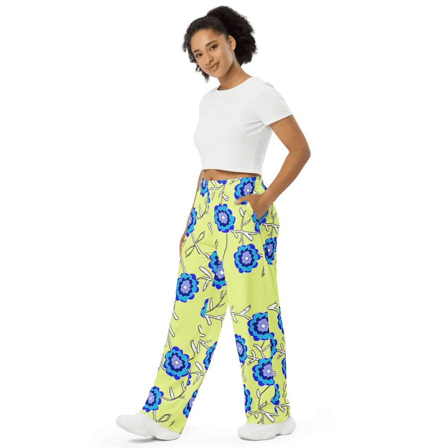 Blue Flowers on Yellow Wideleg Pants product image (4)
