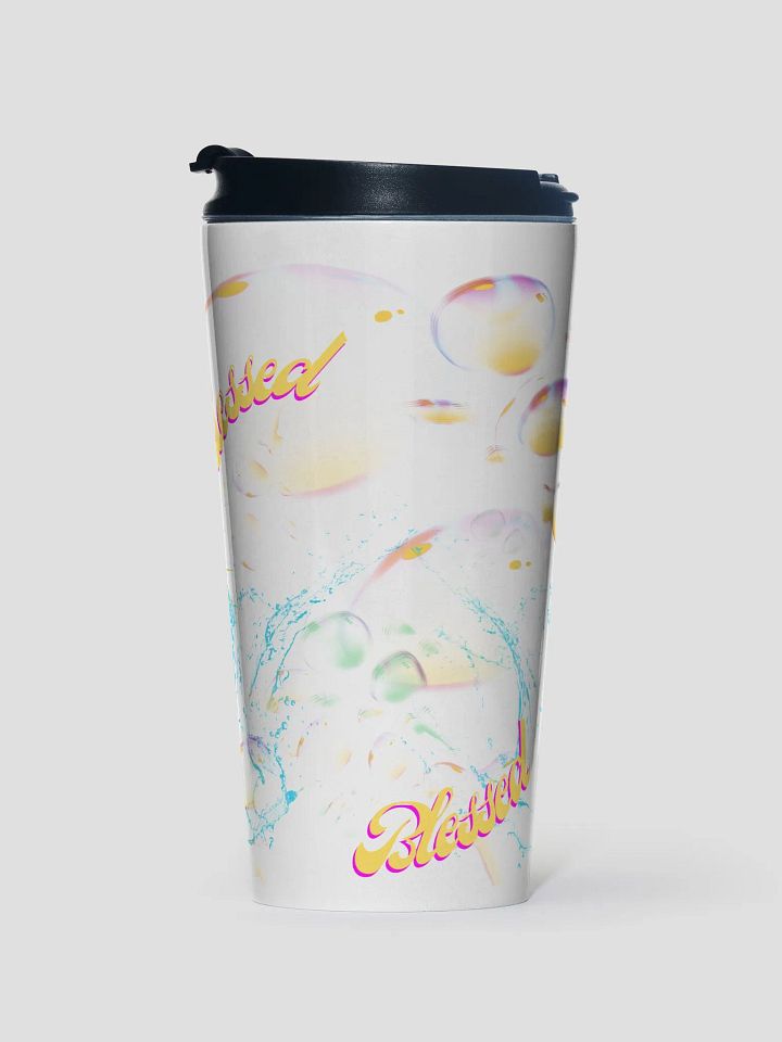 Travel mug  with beautiful swirly blue water splash and drops design featuring “Blessed’ product image (1)